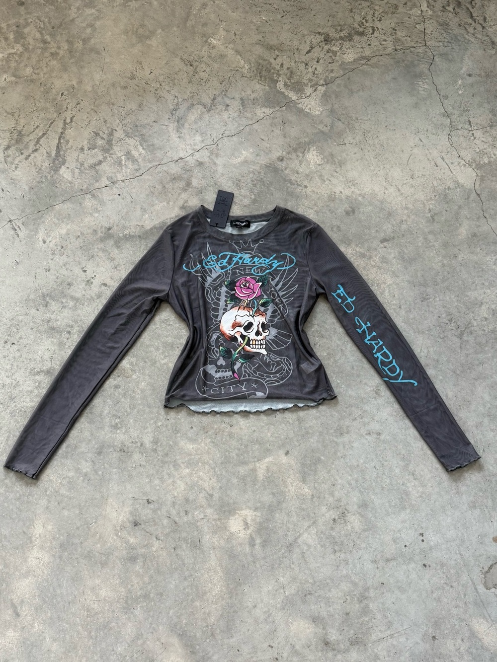 Ed Hardy Black Long-Sleeve Tee with Skull & Rose Graphic